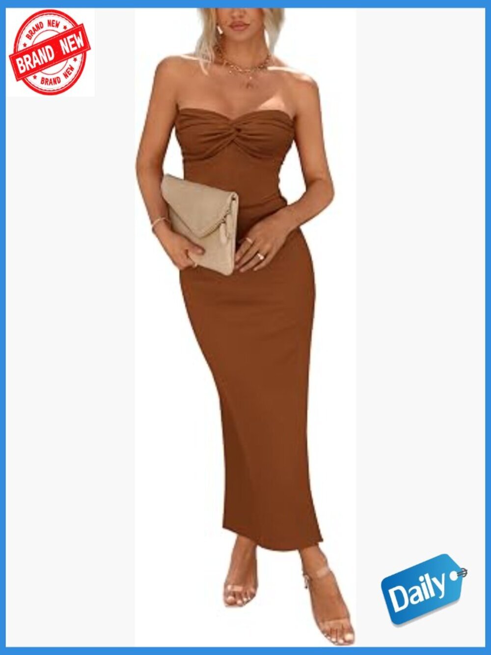 Bodycon Maxi Dress Strapless Twist Knot Ribbed Knit Back Slit Cocktail Party